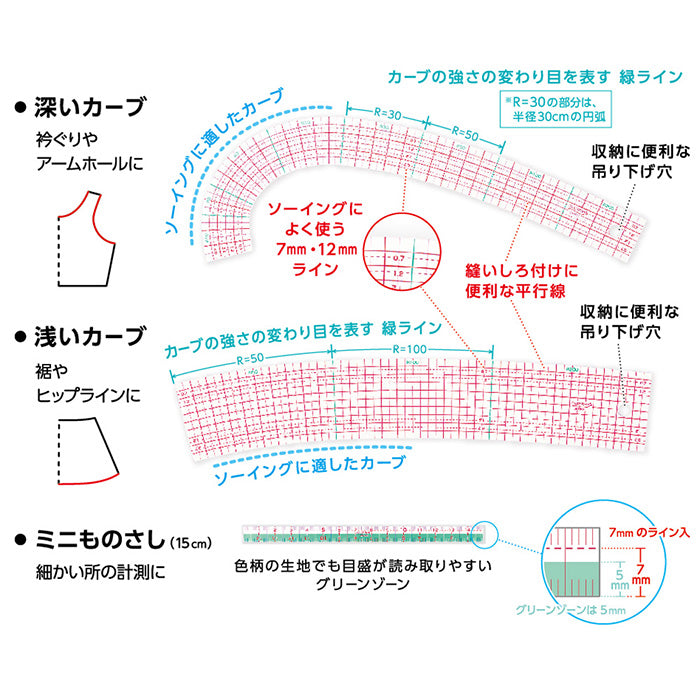 【 Clover 】 カーブ定規 3点セット メモリ付 R30 R50 R100 ミニものさし 収納ケース付