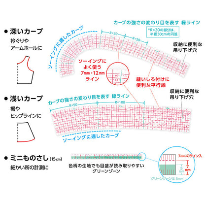 【 Clover 】 カーブ定規 3点セット メモリ付 R30 R50 R100 ミニものさし 収納ケース付