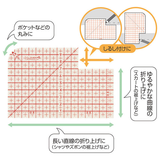 【 Clover 】 アイロン定規 耐熱 スチーム対応 メモリ付 ポケット丸み 折り返し