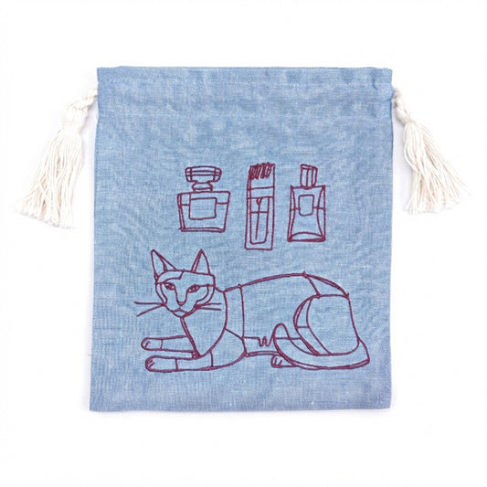 +HAyU fabric ハユ Kinchaku 巾着 ネコと香水 Lサイズ B ブルー