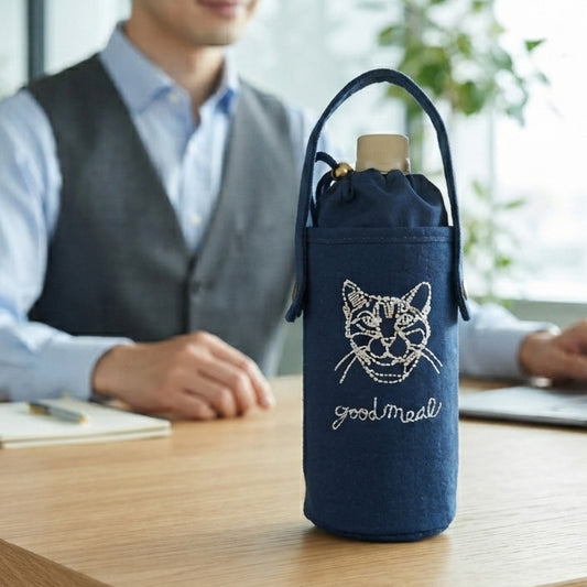 +HAyU fabric ハユ Bottle case ネコ B ネイビー